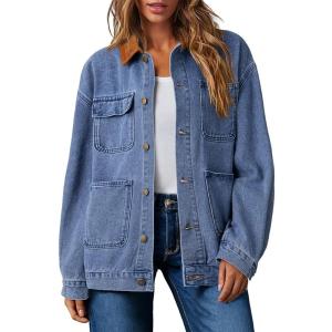 imageDokotoo Womens Denim Top Plus Size Denim Jacket for Women Contrast Collar Coat Button Up Tops Trucker JacketsDeep Blue
