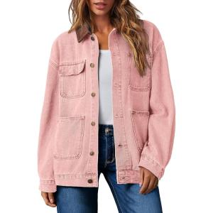 imageDokotoo Womens Denim Top Plus Size Denim Jacket for Women Contrast Collar Coat Button Up Tops Trucker JacketsPink