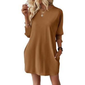 imageDokotoo Womens Dresses 2025 Spring 34 Sleeve Fashion Dresses Crewneck Casual Mini Dress with Pockets SXLChestnut