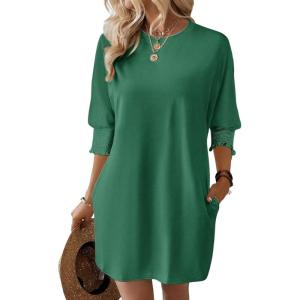 imageDokotoo Womens Dresses 2025 Spring 34 Sleeve Fashion Dresses Crewneck Casual Mini Dress with Pockets SXLDark Green