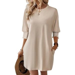 imageDokotoo Womens Dresses 2025 Spring 34 Sleeve Fashion Dresses Crewneck Casual Mini Dress with Pockets SXLOatmeal