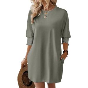 imageDokotoo Womens Dresses 2025 Spring 34 Sleeve Fashion Dresses Crewneck Casual Mini Dress with Pockets SXLPhilippine Gray