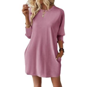 imageDokotoo Womens Dresses 2025 Spring 34 Sleeve Fashion Dresses Crewneck Casual Mini Dress with Pockets SXLPink