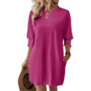 imageDokotoo Womens Dresses 2025 Spring 34 Sleeve Fashion Dresses Crewneck Casual Mini Dress with Pockets SXLRose Red