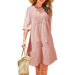imageDokotoo Womens Dresses Summer V Neck Drawstring Embroidered Half Sleeve Mini Dress Boho Dresses for Women 2025 SundressesLight Pink