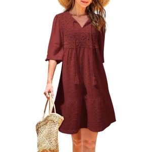 imageDokotoo Womens Dresses Summer V Neck Drawstring Embroidered Half Sleeve Mini Dress Boho Dresses for Women 2025 SundressesRed Dahlia