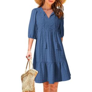 imageDokotoo Womens Dresses Summer V Neck Drawstring Embroidered Half Sleeve Mini Dress Boho Dresses for Women 2025 SundressesSail Blue