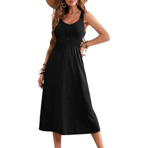 imageDokotoo Womens Summer Dresses 2025 Sleeveless Button Down Smocked Empire Waist Casual ALine Swing Midi Dress SundressBlack