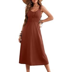 imageDokotoo Womens Summer Dresses 2025 Sleeveless Button Down Smocked Empire Waist Casual ALine Swing Midi Dress SundressBrown