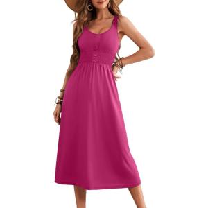 imageDokotoo Womens Summer Dresses 2025 Sleeveless Button Down Smocked Empire Waist Casual ALine Swing Midi Dress SundressRosy