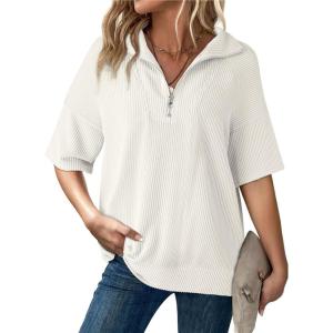 imageDokotoo Womens Summer Short Sleeve Tops Zipper V Neck Lightweight Ribbed Knit Oversized Sweatshirt Casual Blouses ShirtsWhite