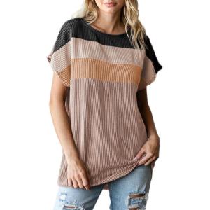 imageDokotoo Womens Summer Tops 2025 Fashion Color Block Shirts Casual Crewneck Oversized Tshirts Ribbed Knit Tees BlouseBeige
