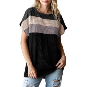 imageDokotoo Womens Summer Tops 2025 Fashion Color Block Shirts Casual Crewneck Oversized Tshirts Ribbed Knit Tees BlouseBlack