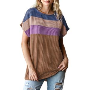 imageDokotoo Womens Summer Tops 2025 Fashion Color Block Shirts Casual Crewneck Oversized Tshirts Ribbed Knit Tees BlouseBrown