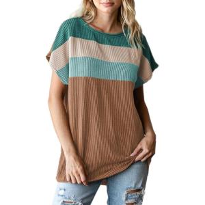 imageDokotoo Womens Summer Tops 2025 Fashion Color Block Shirts Casual Crewneck Oversized Tshirts Ribbed Knit Tees BlouseChestnut