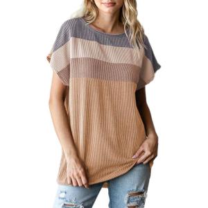 imageDokotoo Womens Summer Tops 2025 Fashion Color Block Shirts Casual Crewneck Oversized Tshirts Ribbed Knit Tees BlouseGold