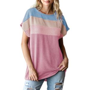 imageDokotoo Womens Summer Tops 2025 Fashion Color Block Shirts Casual Crewneck Oversized Tshirts Ribbed Knit Tees BlousePink