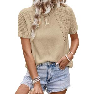 imageDokotoo Womens Tops Dressy Casual Summer Crewneck Short Sleeve Sweaters Knit Solid Trendy Hollow Out Shirts BlousesApricot