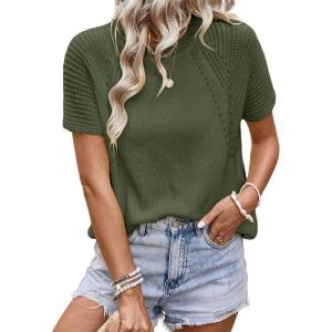 imageDokotoo Womens Tops Dressy Casual Summer Crewneck Short Sleeve Sweaters Knit Solid Trendy Hollow Out Shirts BlousesGreen
