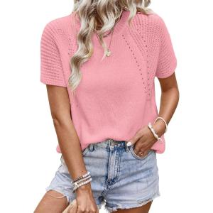 imageDokotoo Womens Tops Dressy Casual Summer Crewneck Short Sleeve Sweaters Knit Solid Trendy Hollow Out Shirts BlousesPink