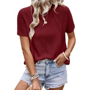 imageDokotoo Womens Tops Dressy Casual Summer Crewneck Short Sleeve Sweaters Knit Solid Trendy Hollow Out Shirts BlousesRed