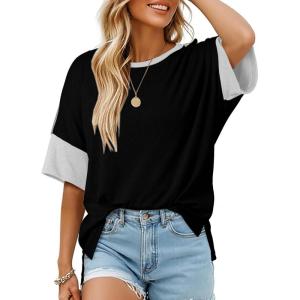 imageDokotoo Womens Tops Oversized Trendy Shirts 2025 Summer Color Block Crewneck Business Casual Womens Blouses S2XLBlack