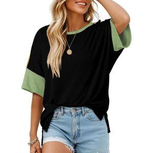 imageDokotoo Womens Tops Oversized Trendy Shirts 2025 Summer Color Block Crewneck Business Casual Womens Blouses S2XLColor Black