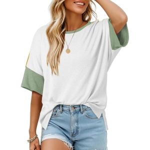 imageDokotoo Womens Tops Oversized Trendy Shirts 2025 Summer Color Block Crewneck Business Casual Womens Blouses S2XLJurassic Gold