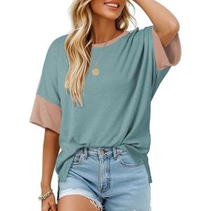 imageDokotoo Womens Tops Oversized Trendy Shirts 2025 Summer Color Block Crewneck Business Casual Womens Blouses S2XLLaurel Green