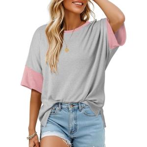 imageDokotoo Womens Tops Oversized Trendy Shirts 2025 Summer Color Block Crewneck Business Casual Womens Blouses S2XLLight Grey