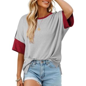 imageDokotoo Womens Tops Oversized Trendy Shirts 2025 Summer Color Block Crewneck Business Casual Womens Blouses S2XLMineral Red
