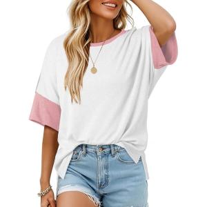 imageDokotoo Womens Tops Oversized Trendy Shirts 2025 Summer Color Block Crewneck Business Casual Womens Blouses S2XLWhite