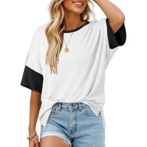 imageDokotoo Womens Tops Oversized Trendy Shirts 2025 Summer Color Block Crewneck Business Casual Womens Blouses S2XLWhite a