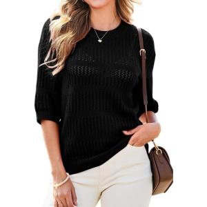 imageDokotoo Womens Tops Round Neck Striped Half Sleeve Hollow Out Crochet Loose Pullover Sweaters 2025Black