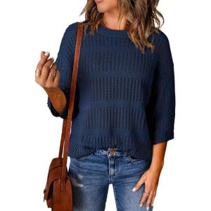 imageDokotoo Womens Tops Round Neck Striped Half Sleeve Hollow Out Crochet Loose Pullover Sweaters 2025Navy Blue