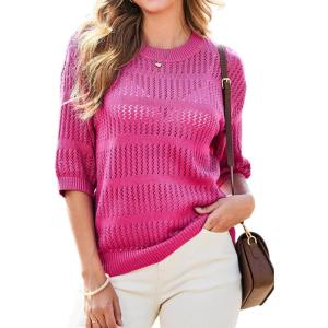 imageDokotoo Womens Tops Round Neck Striped Half Sleeve Hollow Out Crochet Loose Pullover Sweaters 2025Rose Red