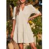 imageDokotoo Casual Dresses for Women Lapel Collared V Neck Mid Sleeved Pleated Summer Dresses for Women 2025 Midi DressesBeige