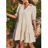 imageDokotoo Casual Dresses for Women Lapel Collared V Neck Mid Sleeved Pleated Summer Dresses for Women 2025 Midi DressesBeige