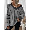 imageDokotoo Womens Oversized Striped Tunic Sweaters Casual V Neck Long Sleeve Color Block Knit Pullover Jumper TopsGrey