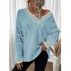 imageDokotoo Womens Oversized Striped Tunic Sweaters Casual V Neck Long Sleeve Color Block Knit Pullover Jumper TopsSky Blue