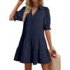 imageDokotoo Casual Dresses for Women Lapel Collared V Neck Mid Sleeved Pleated Summer Dresses for Women 2025 Midi DressesNavy Blue