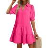 imageDokotoo Casual Dresses for Women Lapel Collared V Neck Mid Sleeved Pleated Summer Dresses for Women 2025 Midi DressesRose Red