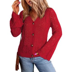 imageDokotoo Cardigan Sweaters for Women Long Sleeve Shirts Lightweight Cardigan Button Down Crochet Tops Spring Outfits 2025Red