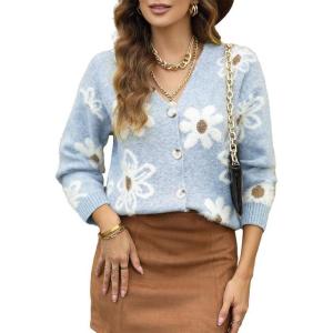 imageDokotoo Cardigan Sweaters for Women Open Front Long Sleeve Button Down VNeck Knit Floral SweaterBeau Blue
