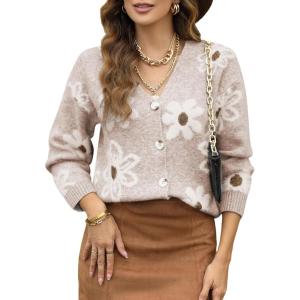 imageDokotoo Cardigan Sweaters for Women Open Front Long Sleeve Button Down VNeck Knit Floral SweaterBeige