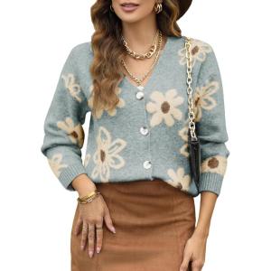 imageDokotoo Cardigan Sweaters for Women Open Front Long Sleeve Button Down VNeck Knit Floral SweaterBlue