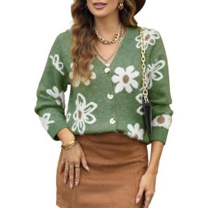 imageDokotoo Cardigan Sweaters for Women Open Front Long Sleeve Button Down VNeck Knit Floral SweaterGuacamole Green
