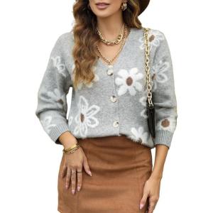 imageDokotoo Cardigan Sweaters for Women Open Front Long Sleeve Button Down VNeck Knit Floral SweaterLight Grey