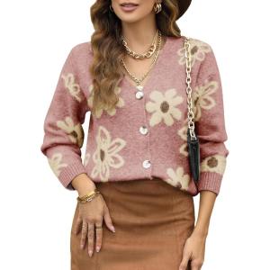 imageDokotoo Cardigan Sweaters for Women Open Front Long Sleeve Button Down VNeck Knit Floral SweaterPink