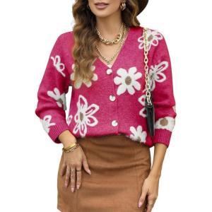 imageDokotoo Cardigan Sweaters for Women Open Front Long Sleeve Button Down VNeck Knit Floral SweaterRose Red